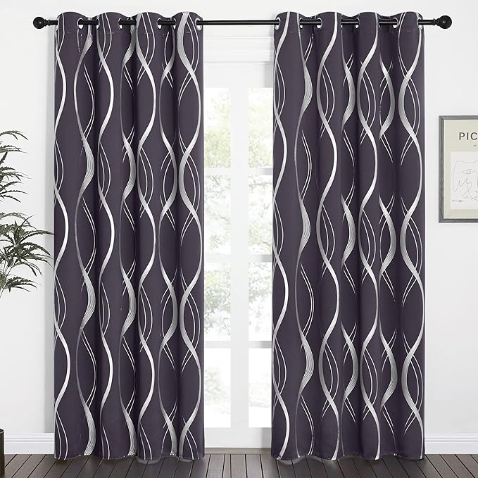 NICETOWN Blackout Curtains Panels for Living Room, Greyish Purple, 52" Wide x 84" Long, 2 Panels, Sound Reducing Thermal Insulated Wave Line Foil Print Design Curtains for Patio Sliding Glass Door - Image 2