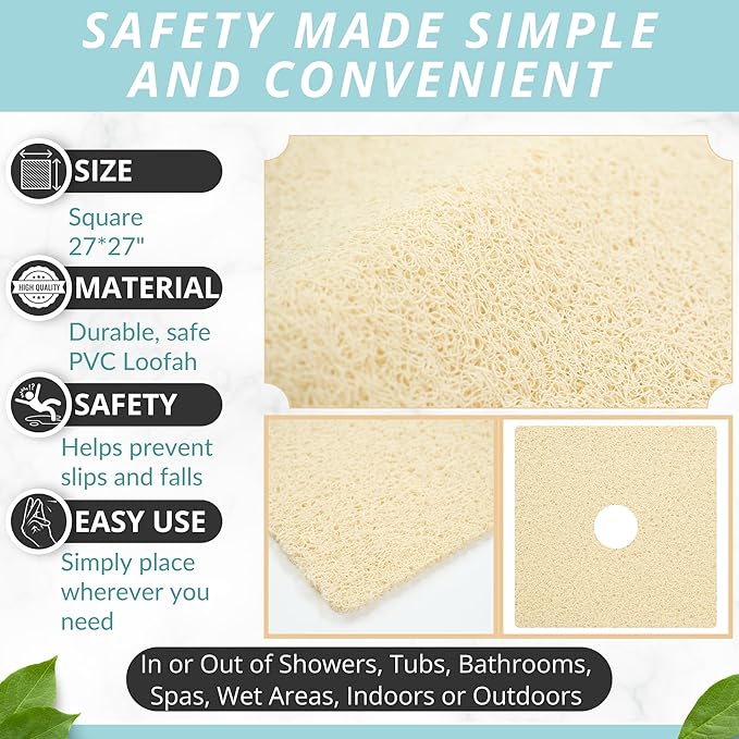 Enkosi Loofah Shower Mat with Drain Hole – Cushioned Anti-Slip Square Bath Mat for Showers, and Bathroom Floors – Textured PVC, Non Slip Safety Pad for Walk-In Stalls and Wet Areas (27x27 Light Beige) - Image 4