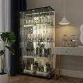 Yoluckea 4 Tiers Glass Display Cabinet with Bluetooth LED Light Strip, 2 Doors Floor Standing Curio Cabinet with Adjustable Feet and Mirror Back Panel, Black Glass Bookshelf for Collections, Wood Top by Yoluckea
