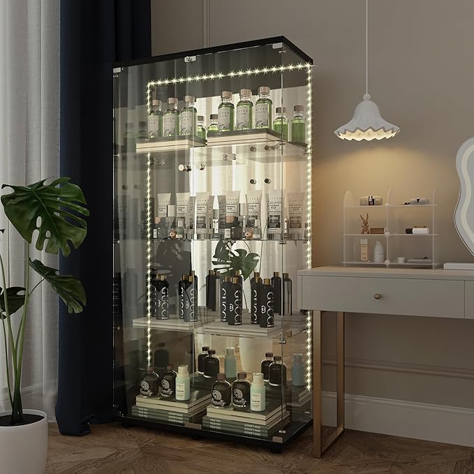 Yoluckea 4 Tiers Glass Display Cabinet with Bluetooth LED Light Strip, 2 Doors Floor Standing Curio Cabinet with Adjustable Feet and Mirror Back Panel, Black Glass Bookshelf for Collections, Wood Top by Yoluckea