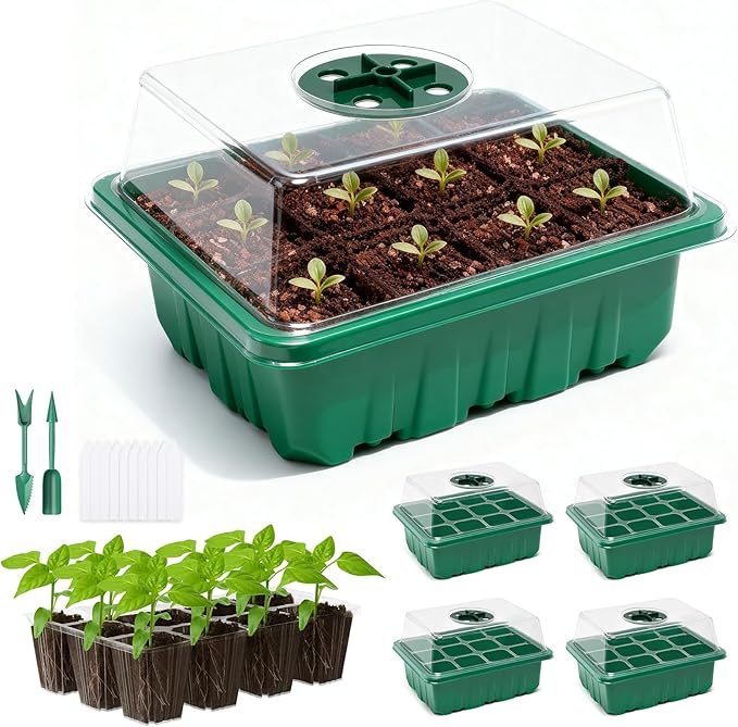 5 Packs Seed Starter Tray with Humidity Dome, Seed Starter Kit with Transparent Drain Hole Base Indoor Greenhouse Mini Propagator for Seeds Growing Starting(60 Cell Trays, Green) by Unknown