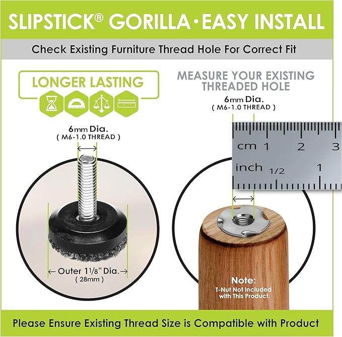 Slipstick Gorilla Outdoor Adjustable Furniture Levelers (8 Pack) Weatherproof Screw in Leg Glides for Chairs, Tables, and Outdoor Furniture Feet, 1-1/8 Inch Berber Glide, M6 Thread - Image 4