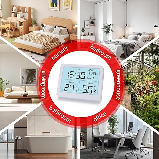 Indoor Digital Thermometer & Humidity Meter, Home Hygrometer Temperature Gauge with Date, Clock, Adjustment Brightness, Terrarium, Incubator, Greenhouse - Image 8