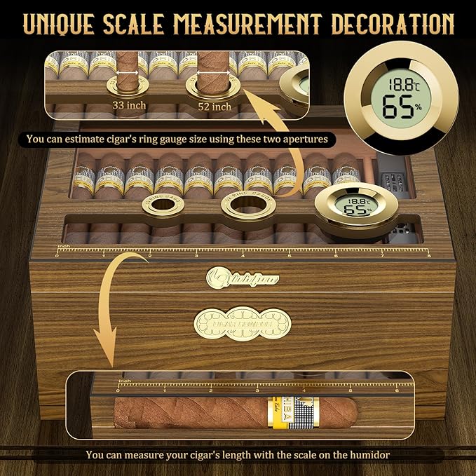 Cigar Humidor, Glass Top Desktop Cigars Case with Digital Hygrometer, Humidifier, Cigar Accessories Drawer and Measuring Scale, Cigars Humidors Box for Men Gift - Image 5