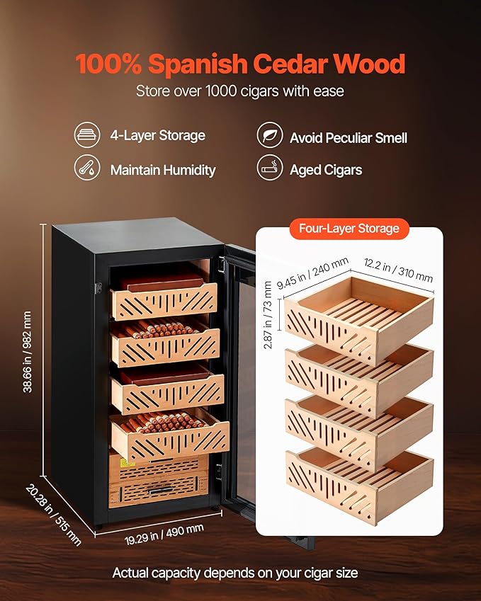 VEVOR Electric Humidor, 88L Cigar Humidor, 1000 Counts Electric Cigar Humidor with Compressor Cooling, Constant Humidity & Temperature Control, Spanish Cedar Wood Shelves & Drawers, for Household - Image 4