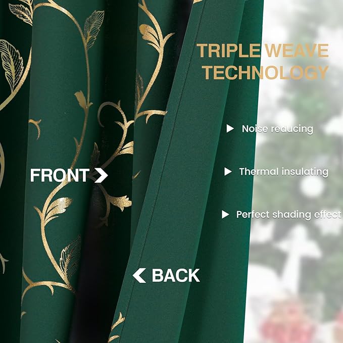 BUHUA Gold Blackout Curtains 84 Inches Length for Christmas, Thermal Curtain for Bedroom 2 Panels Set, Room Darkening Curtains with Wave Vine (52W×84L Emerald Green) - Image 3
