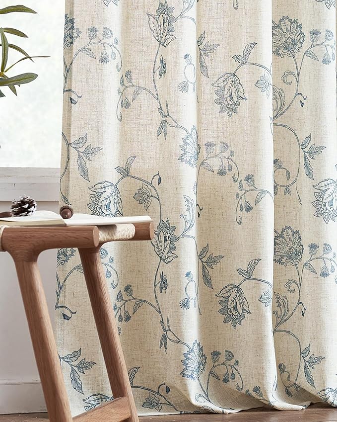 jinchan Linen Curtains Floral Curtains 63 Inch Length for Living Room Bedroom Light Filtering Rod Pocket Back Tab Jacobean Curtains Flax Linen Texture Window Drapes Set 2 Panels Blue on Linen - Image 8