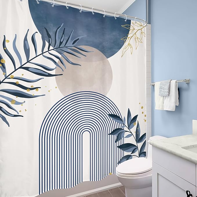 Blue Gray Boho Shower Curtain Dusty Blue Gold Leaves Modern Bohemian Abstract Mid Century Minimalist Grey Plant Bathroom Decor Geometric Arch 60Wx72H Bath Curtain Fabric Polyester 12 Pack Hooks - Image 4