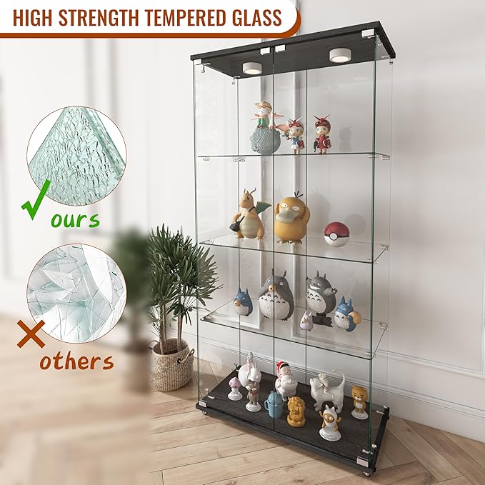 Yoluckea 4-Tier Glass Display Cabinet with LED Lighting, 2-Door Floor Standing Curio Cabinet with Universal Wheel for Home, Office, or Corner Display, Black Glass Bookshelf for Collections and Decor - Image 6
