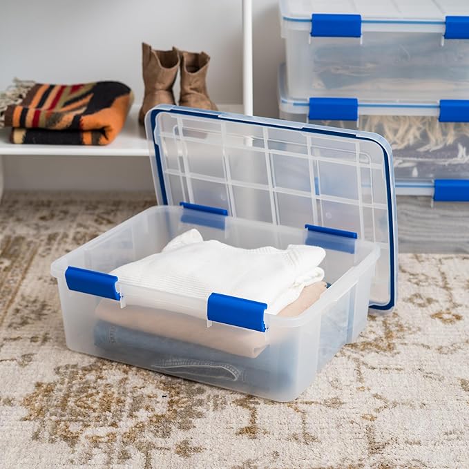 IRIS USA 26.5 Quart WEATHERPRO Plastic Storage Box with Durable Lid and Seal and Secure Latching Buckles, 3 Pack, Weathertight, Keep Pest Dust and Moisture Out, for Oversized Bulky Items, Clear/Blue - Image 4