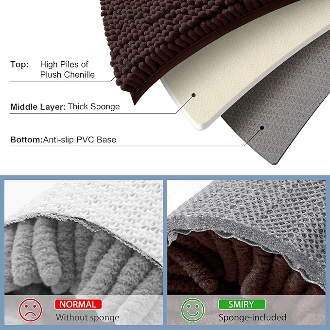 Smiry Luxury Chenille Bathroom Rugs 40x24, Extra Soft and Absorbent Shaggy Bath Mat, Machine Washable, Non-Slip Plush Carpet Runner for Tub, Shower, and Floor, Home Decor Accessories, Brown - Image 6
