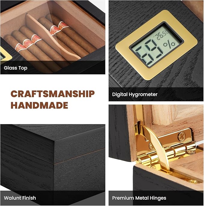 Cigar Humidor, Modern Glass Top Cedar Humidor Cigar Box with Digital Hygrometer, Humidifier, Divider, Handmade Cigar Case Holds 35-45 Cigars, Cigar Accessories for Men - Image 4