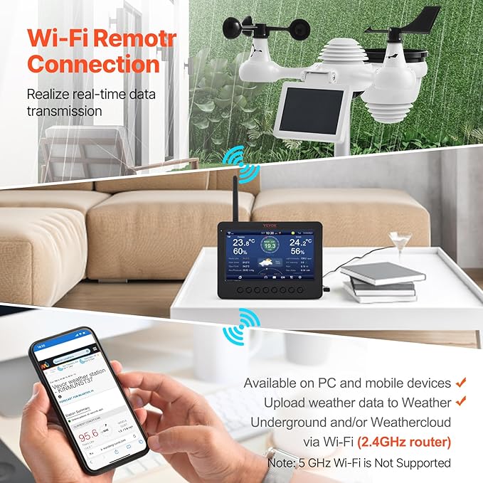 VEVOR 7-in-1 Wi-Fi Solar Self-Charging Weather Station with 7" TFT Color Display, Solar-Powered Outdoor Sensor, Indoor&Outdoor Monitoring for Temperature, Humidity, Wind Speed/Direction and Rainfall - Image 3