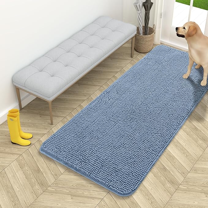 OLANLY Dog Door Mat for Muddy Paws 54x24, Absorbs Moisture and Dirt, Absorbent Non-Slip Washable Doormat, Quick Dry Chenille Mud Mat for Dogs, Entry Indoor Entryway Carpet for Inside Floor, Airy Blue by OLANLY