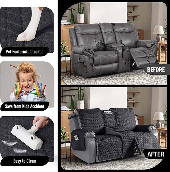 TAOCOCO 100% Waterproof Loveseat Recliner Couch Sofa Covers with Console,Double Reclining Couch Cover Non-Slip Sofa Slipcovers Washable,Furniture Protector Covers for Kids,Pets(2 Seater,Black) - Image 3