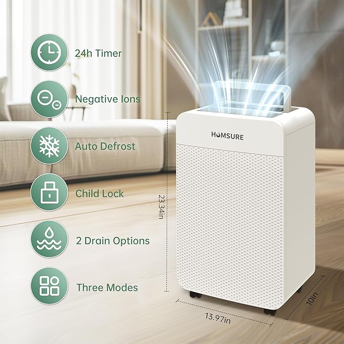 HUMSURE 4500 Sq. Ft 80 Pints Dehumidifier for Basement and Home, Bathroom, Bedroom, Equipped With Drainage Hose, Automatic Defrosting, 24-Hour Timer Function - Image 2
