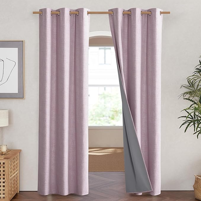 NICETOWN Pink Vintage Linen 100% Blackout Curtains for Living Room, Thermal Insulated Curtains 84" Long, Noise Reducing Window Treatment Drapes for Hall Room, 42" Wide Per Panel, Set of 2 - Image 2