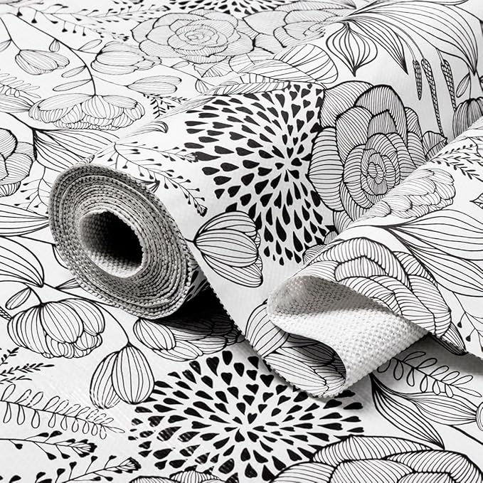 Floral Drawer and Shelf Liner for Kitchen 12IN x 20FT, Non-Adhesive and Strong Non-Slip Cabinet Drawer Liners, Waterproof Thickened Shelf Liner,Easy to Clean,Black and White by Amiitay