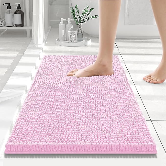Smiry Luxury Chenille Bathroom Rugs 24x16, Extra Soft and Absorbent Shaggy Bath Mat, Machine Washable, Non-Slip Plush Carpet Runner for Tub, Shower, and Floor, Home Decor Accessories, Pink by Smiry