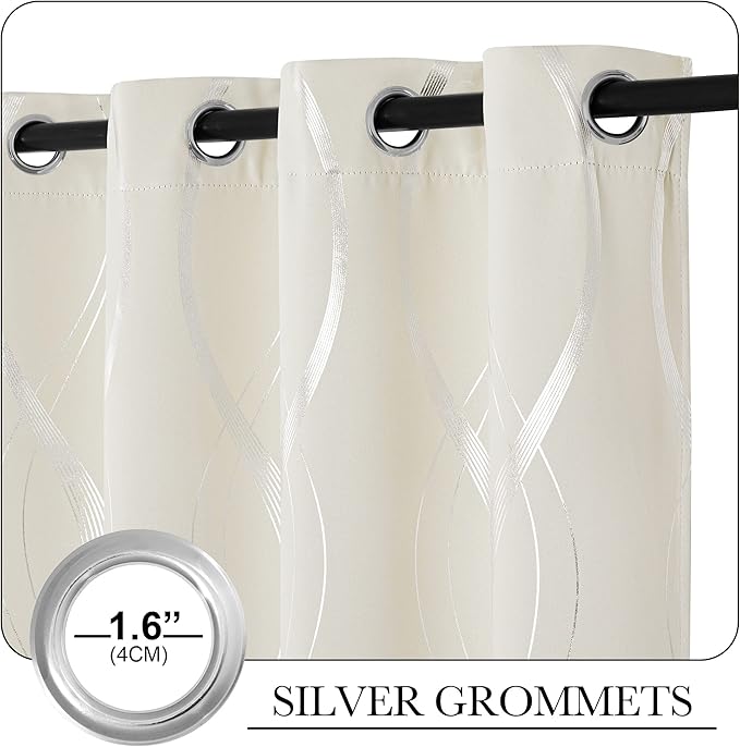 NICETOWN Bedroom Curtains Small Blackout Panels, Beige, Set of 2, 42 by 40 Inch, Window Treatment Thermal Insulated Solid Grommet Blackout Wave Line Foil Print Design Curtains for Kitchen, Cafe, Loft - Image 3