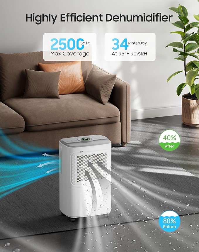 2500 Sq.Ft Dehumidifier for Basement Home, ASAHWo 34 Pints Dehumidifier with Drain Hose, Quiet Portable Dehumidifiers for Bathroom Large Room, Bedroom, Auto Defrost,Smart Humidity Control,24H Timer - Image 2