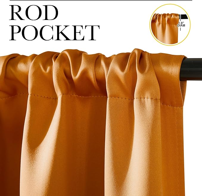 NICETOWN Room Darkening Cafe Satin Curtains for Small Windows, 42" Wide by 36" Long, 2 Panels, Orange, Rod Pocket Privacy Faux Silk Blackout Drapes for Kitchen - Image 2
