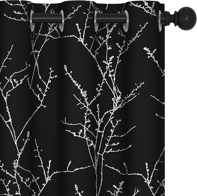 Deconovo Black Blackout Curtains, Thermal Insulated Soundproof Privacy Curtain Drapes, Branch Foil Print, 42 x 84 Inch Long, 2 Panels, Machine‑Washable Window Panel for Bedroom Living Room Office Home by Deconovo