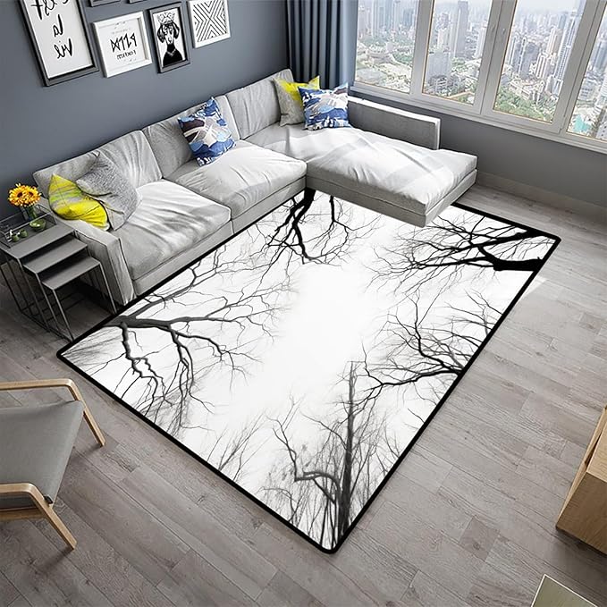 Runner Black and White Tree Branches Printed Patterns Non-Slip Area Rugs Fade Resistant, Flame Resistant, Quick Dry, Stain Resistant, Waterproof Floor Carpet for Living Room Bedroom, 36 x 60 Inch - Image 2