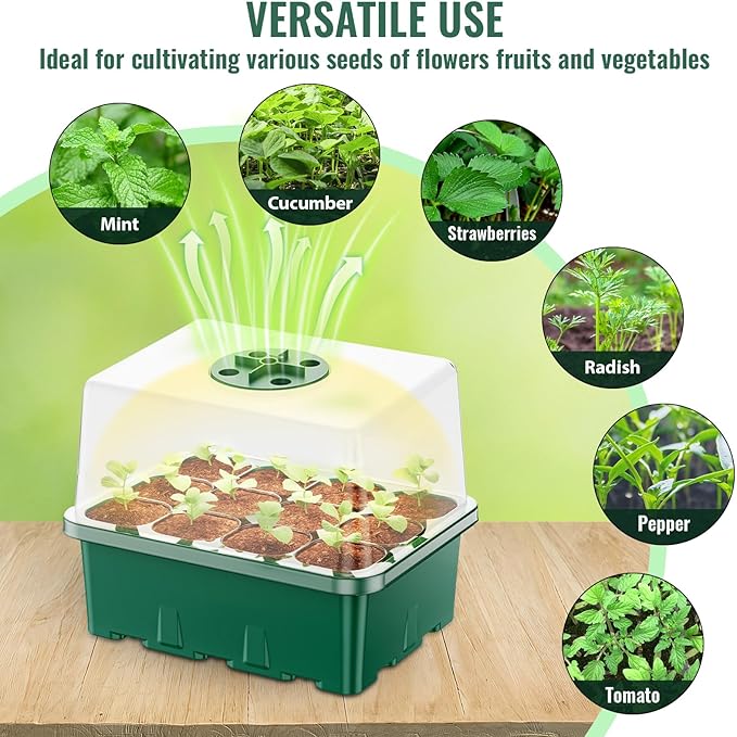 NBPLUS Seed Starter Tray with Grow Light, 5 Pack 60 Cells Seed Starter kit with Humidity Dome and Base, Plant Seedling Trays Indoor Greenhouse Gardening (Green 5 Pack) - Image 5