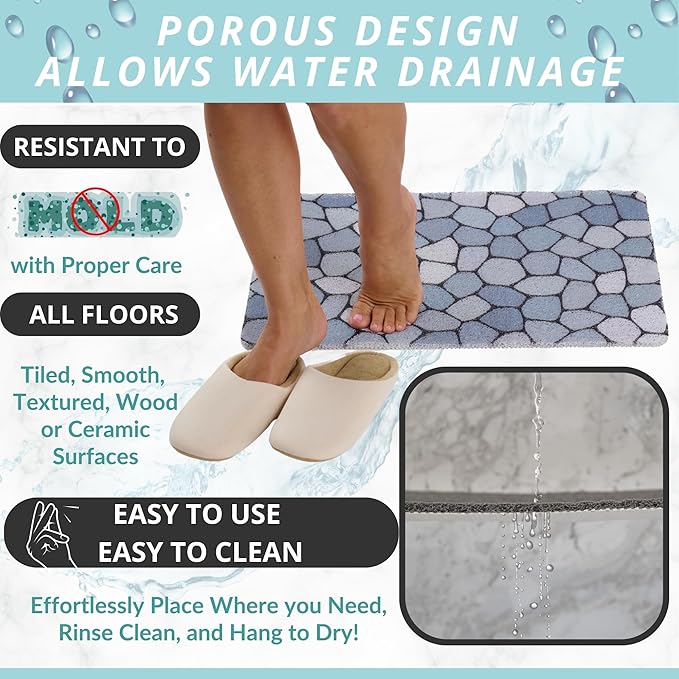 ENKOSI Loofah Non-Slip Shower and Bath Mat - Soft Cushioned Comfort - No Suction Cups for Smooth or Textured Tubs - Fast Draining - Safety for Bathroom, Family, Kids, and Elderly (24x16 Pebble Blue) - Image 4