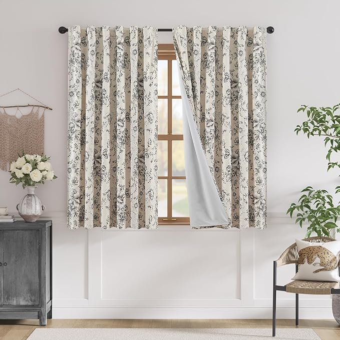 jinchan Blackout Linen Blend Curtain Floral Blackout Curtains for Living Room 63 Inch Length Black Printed with Lined Blackout Curtain for Bedroom Farmhouse Curtains Set 2 Panels by JINCHAN