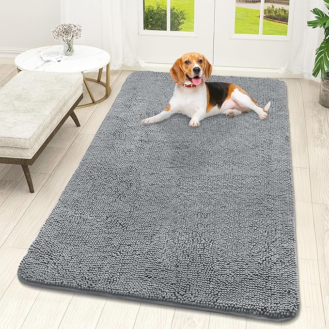 OLANLY Dog Door Mat for Muddy Paws 59x32, Absorbs Moisture and Dirt, Absorbent Non-Slip Washable Doormat, Quick Dry Chenille Mud Mat for Dogs, Entry Indoor Entryway Carpet for Inside Floor, Grey by OLANLY
