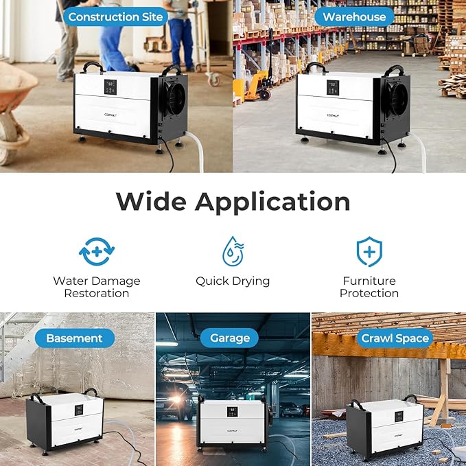COSTWAY 155 PPD Commercial Dehumidifier, 1900 Sq.Ft Crawl Space Dehumidifier with 9.8 FT Drain Hose & Wired Remote Control Panel, Ideal for Basement, Warehouse (White) - Image 7