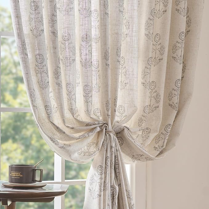jinchan Linen Floral Curtains for Living Room 84 Inch Length Gray Flower Cottage Core Farmhouse Curtains Rod Pocket Back Tab Boho Semi Sheer Window Drapes Bedroom Set 2 Panels Grey on Beige - Image 7
