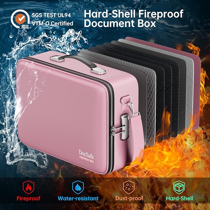 DocSafe Fireproof Document Box with Lock, Hard Case File Organizer with Accordion File Folder, Fireproof Water Resistant Safe Box Home Office Travel Storage for Important Documents Laptop Pink - Image 2