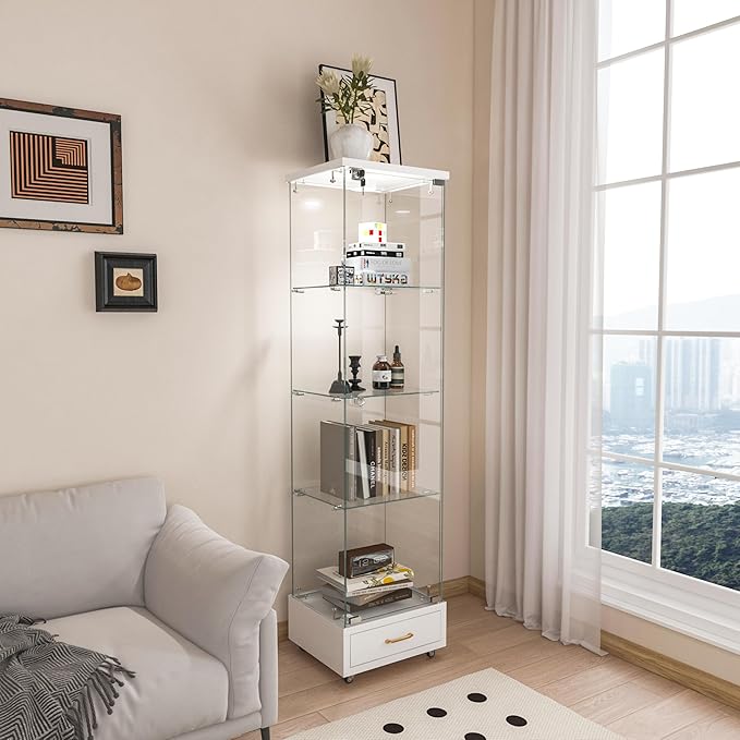 Yoluckea 4-Tier Glass Display Cabinet with LED Lighting and Drawer, 1-Door Floor Standing Curio Cabinet with Wheel for Home, Office, Corner Display, White Glass Bookshelf for Collections and Decor - Image 8