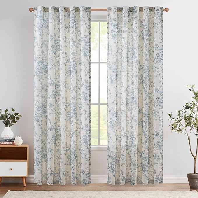 jinchan Linen Blend Curtain Floral Curtains for Living Room 90 Inch Length Blue Printed Curtain Rod Pocket Back Tab Farmhouse Peony Flower Patterned Drapes Bedroom Window Curtains Set 2 Panels by JINCHAN