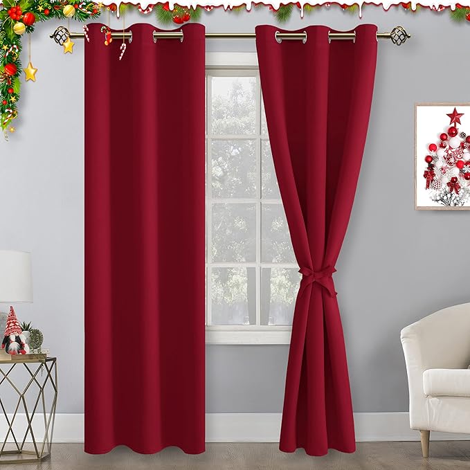 Hiasan Blackout Curtains for Bedroom, 38 x 84 Inches Long - Thermal Insulated & Light Blocking Window Curtains for Living Room, 2 Drape Panels Sewn with Tiebacks, Christmas Red - Image 2