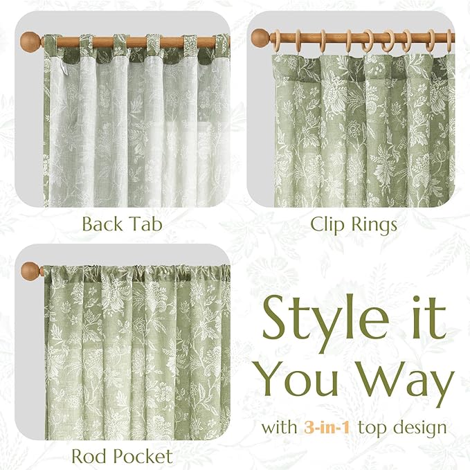 jinchan Linen Floral Curtains for Living Room with Printed Flower 84 Inches Long Light Filtering French Country Back Tab Rod Pocket Sage Green Window Curtain Set Farmhouse Drapes 2 Panels - Image 6