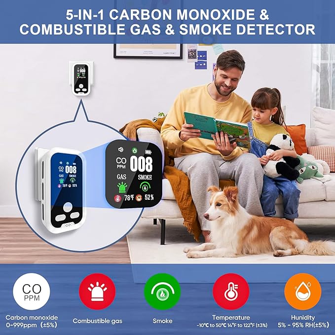 2-Pack 5 in 1 Carbon Monoxide Smoke Combustible Gas Detector Portable Plug in CO Detector with HD Screen Display Temperature Humidity CO Level Alarms Battery Operated - Image 3