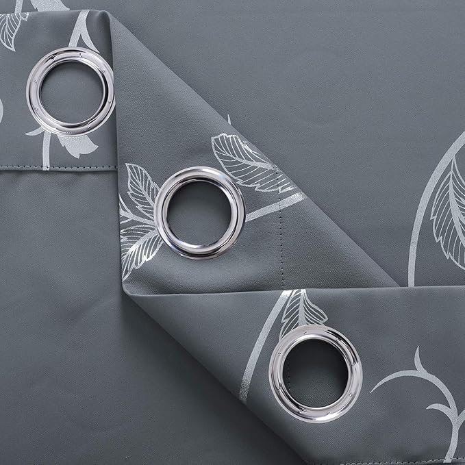 BUHUA Blackout Curtains Silver Foil Print Flower Vine Grommet Drapes, Room Darkening Thermal Insulated Curtains, Noise Reducing Curtain for Bedroom, Grey, 66Wx72L, 2 Panels - Image 5