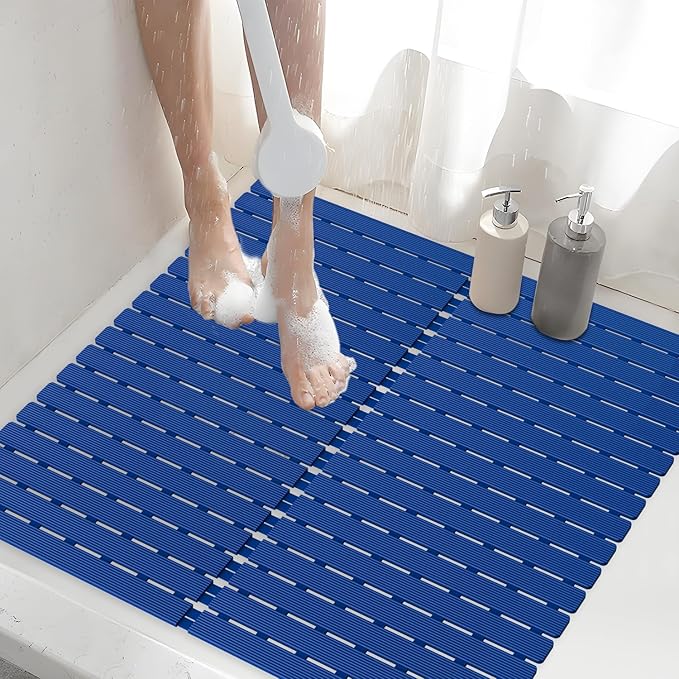 ​Shower Mat Non-Slip Bath Mat for Tub and Shower Stall,200+ Suction Cups with Drain Holes, Quick Dry Machine Washable, Extra Grip for Stand Up Showers, Bathroom Essentials 24x24 Inch (Blue) by BYTANA