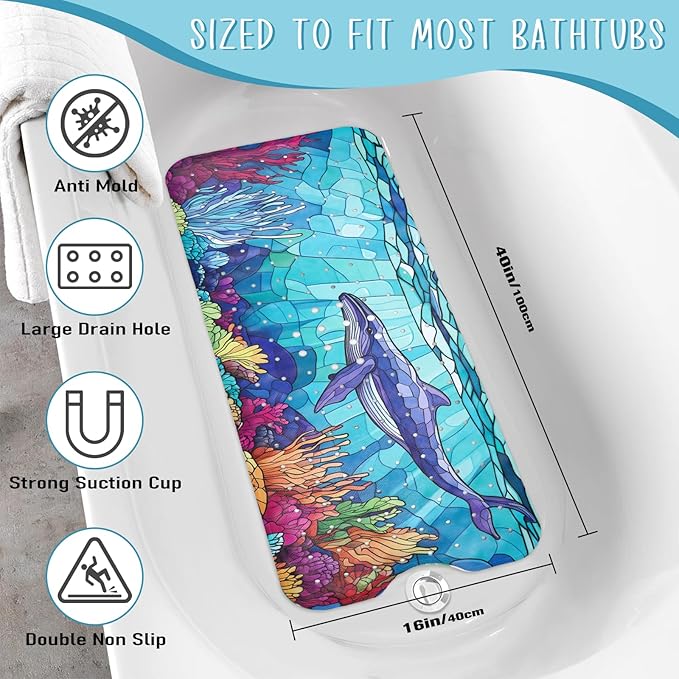 EAN Animals Bathtub Mat Non Slip, Sea Baby Bath Mat for Tub Rubber Tub Mat, Cute Toddler Kids Bath Mats for Bathroom Whale Anti Slip Shower Mat with Suction and Drain Holes Machine Washable, 40″x16″ - Image 3