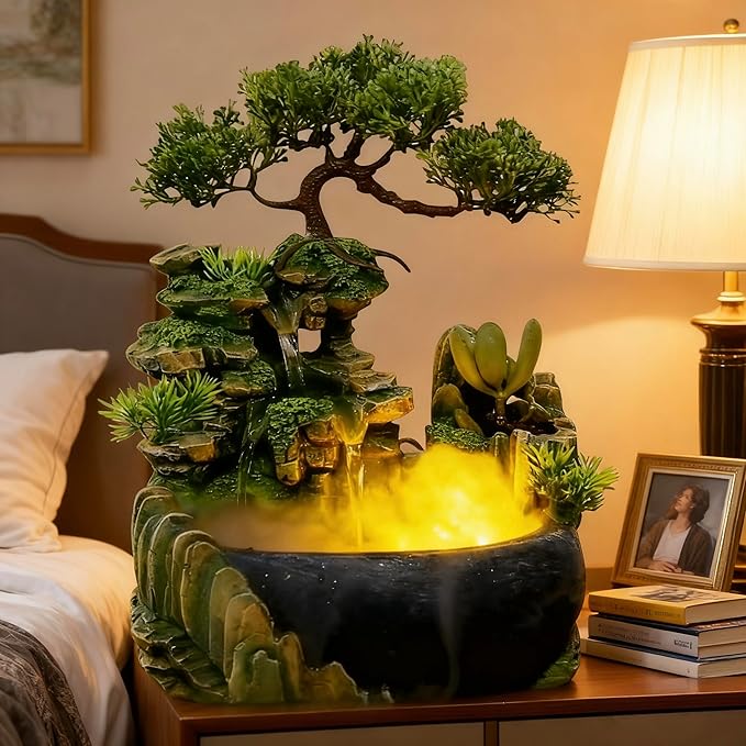 Tabletop Rockery Fountain Indoor Waterfall Bonsai Desktop Mini Rockery Water Fountain with Automatic Pump and LED Light, Home Office Bedroom Humidifier Desk Decorate (Style 1) - Image 4