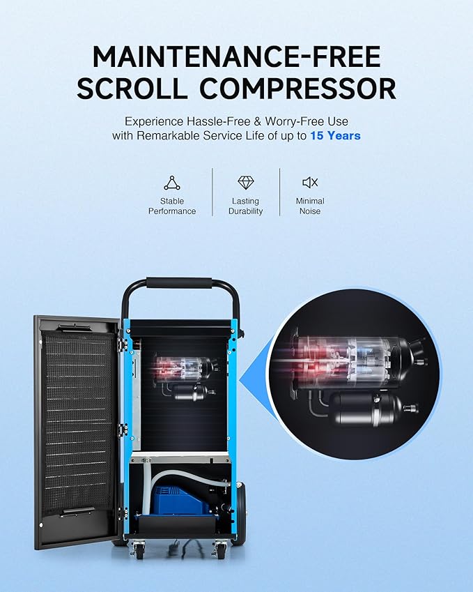 CREWORKS 180 PPD Commercial Dehumidifier, 180 Pint Dehumidifier for Basement w/Built-in Water Pump Wheels Handle, Portable Professional Dehumidification for Warehouse with Auto Defrost Display Panel - Image 8