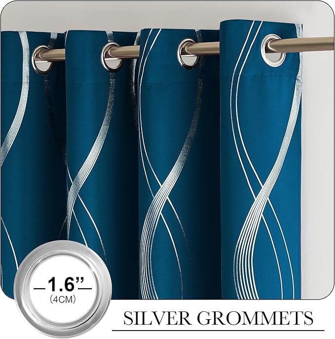NICETOWN Moroccan Blue Blackout Curtains 84 inch Long for Living Room, Art Decor Scandinavian Style for Festival Wave Line Foil Print Design Drapes for Wall Cover, W52 x L84, 2 Panels - Image 4