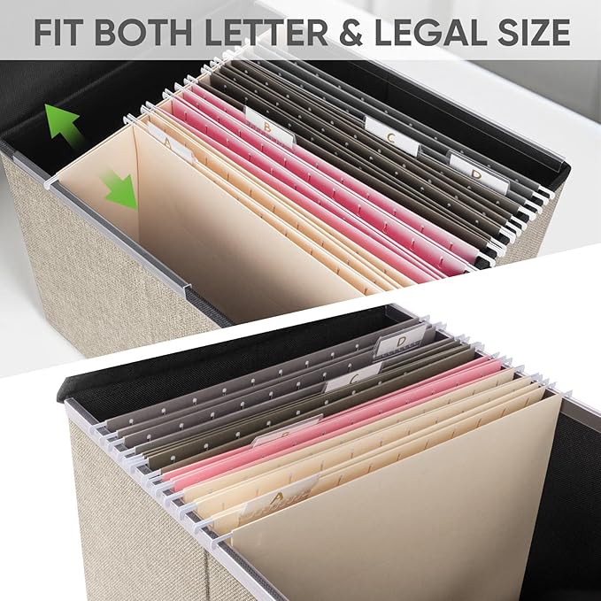 BALEINE File Organizer Box with Lid, Collapsible File Folder Organizer with Plastic Slide, Hanging File Folder Box for Office Document Storage (2 Pack, Beige) - Image 3