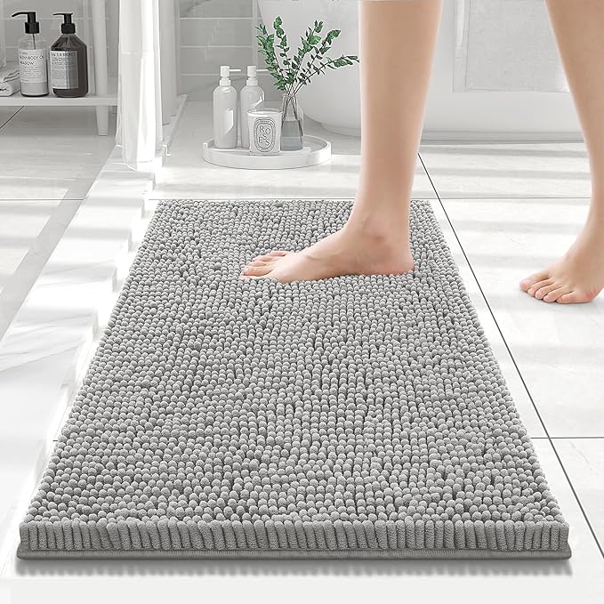 Smiry Luxury Chenille Bathroom Rugs 24x16, Extra Soft and Absorbent Shaggy Bath Mat, Machine Washable, Non-Slip Plush Carpet Runner for Tub, Shower, and Floor, Home Decor Accessories, Light Grey by Smiry