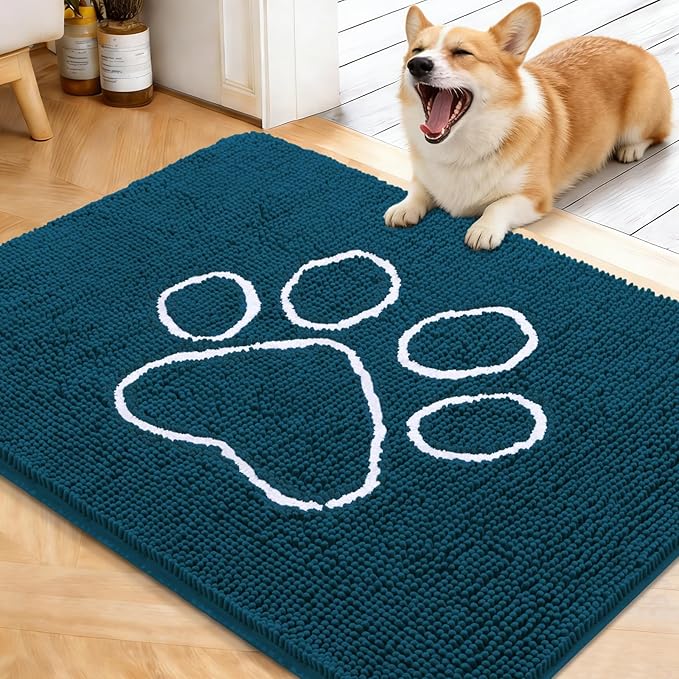 OLANLY Dog Door Mat for Muddy Paws 40x32, Paw Print Design, Absorbs Moisture and Dirt, Absorbent Non-Slip Washable Doormat, Quick Dry Chenille Mud Mat, Entry Indoor Entryway Carpet, Atlantic Blue by OLANLY