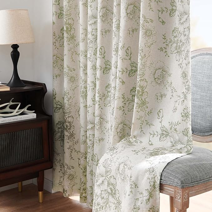 jinchan Blackout Curtains Linen Blend Floral Curtain for Living Room 84 Inch Length Farmhouse Printed with Lined Blackout Drapes for Bedroom Sage Green Flower Curtains Set 2 Panels - Image 8